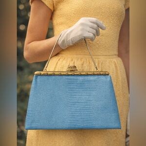 Vintage 1960s After Five Land Blue Lizard Embossed Handbag with Coin Purse USA